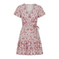 thumbnail image 4 of DHFJKG Summer Dresses For Women Beach Vacation Boho Dress Casual Floral Wrap V Neck Short Sleeve Flowy A-Line Mini Dress Bohemian Stylish Dresses, 4 of 4