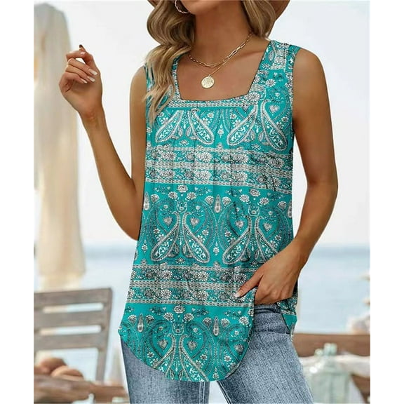 Summer Sleeveless Square Neck Printed Vest Women's T-Shirt