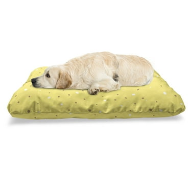 Yellow Polka Dot Pet Bed, Layout of Big and Small Spots in Vivid Shades, Chew Resistant Pad for Dogs and Cats Cushion with Removable Cover, 24" x 39", Pastel Yellow Pale Brown, by Ambesonne