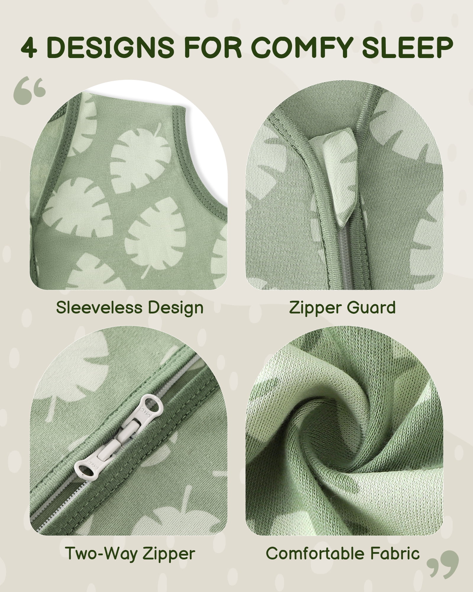 Baby Sleep Sack 6-12 Months, 100% Organic Cotton Wearable Blanket for Babies, 2-Way Zipper TOG 0.5 Lightweight Breathable Baby Sleeping Bag, 4 Sizes-M Leaf＆Green