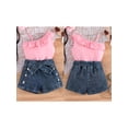 thumbnail image 2 of BemeyourBBs Toddler Baby Girls Summer Outfits Denim 2 Pieces Outfit Baby Girl Summer Clothes Sleeveless One Shoulder Ruffle Tank Vest Tops and Jeans Shorts Set with Belt, 2 of 9