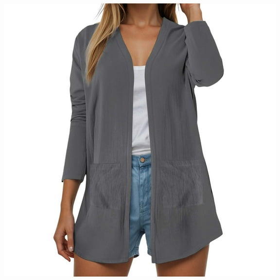 felwors Womens Casual Lightweight with Pocketes Long Sleeve Open Front Cardigan Dark Gray, L