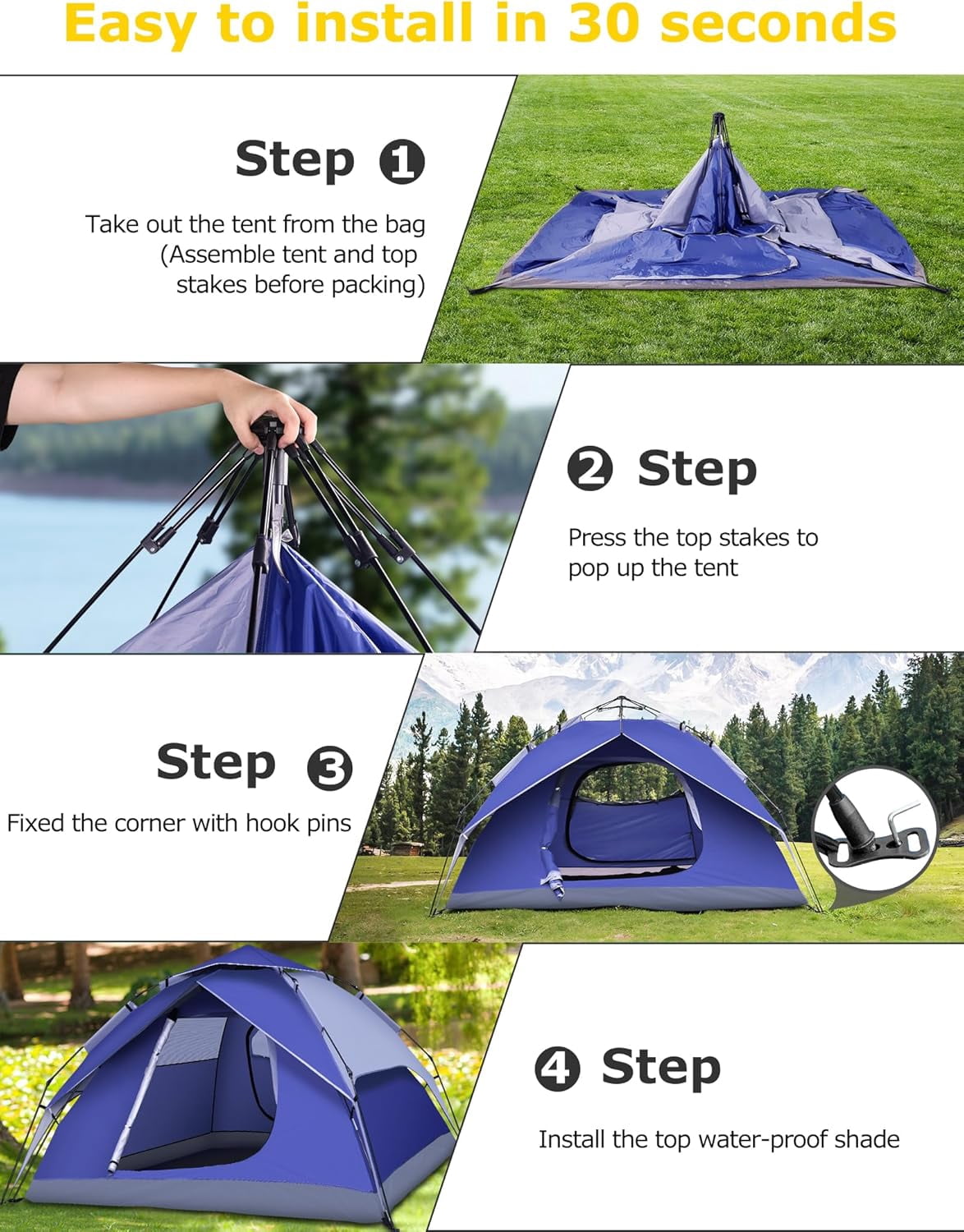 Camping Tents 4 Person Instant Pop Up Tent for Camping Waterproof Cabin Tents for Camp Easy Set up 2 in 1 Family Dome Tent with Rainfly Sun Shelter for Hiking & Traveling & Beach
