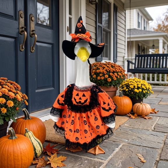 Halloween Witch Hat Pumpkin Lace Dress Porch Goose Costume Set, Spooky Witch Theme Outfit with Hat and Pumpkin Dress, Weatherproof Yard Decor for Porch Garden Halloween Display