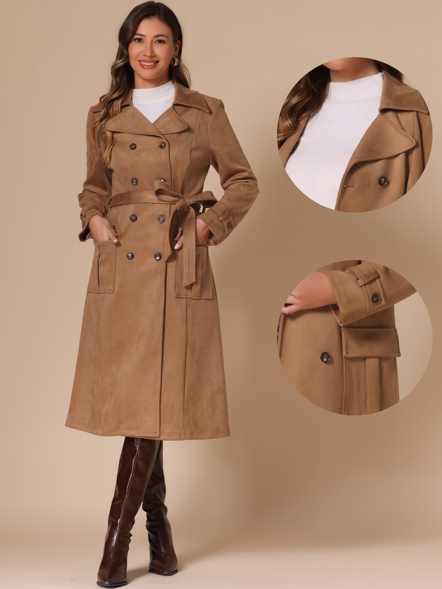 DARING DIVA Women's Long Faux Suede Fall Winter Trench Coat with Pockets L Brown