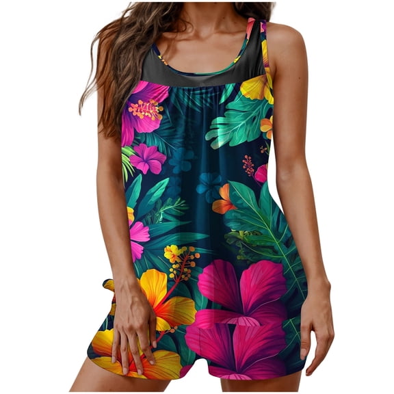 asdoklhq Swim Suits for Women Tankini Swimsuits Summer Women's Conservative Swimsuit Printed Plus Boyshort Two-piece Split Swimsuit Suit Multicolor L