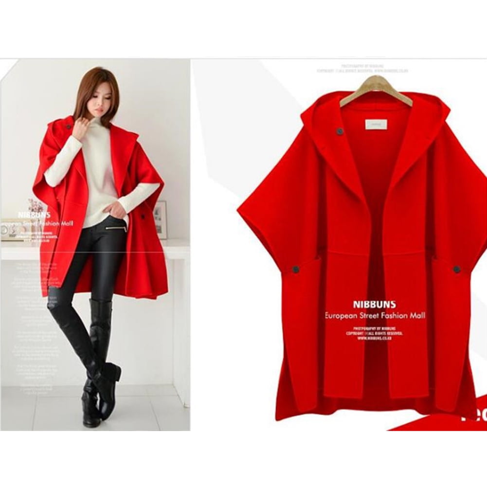Womens Bat wing Cloak Pea Coat Classic Winter Hooded Fashion Long Trench Coat Windbreaker Winter Long Overcoat Jacket