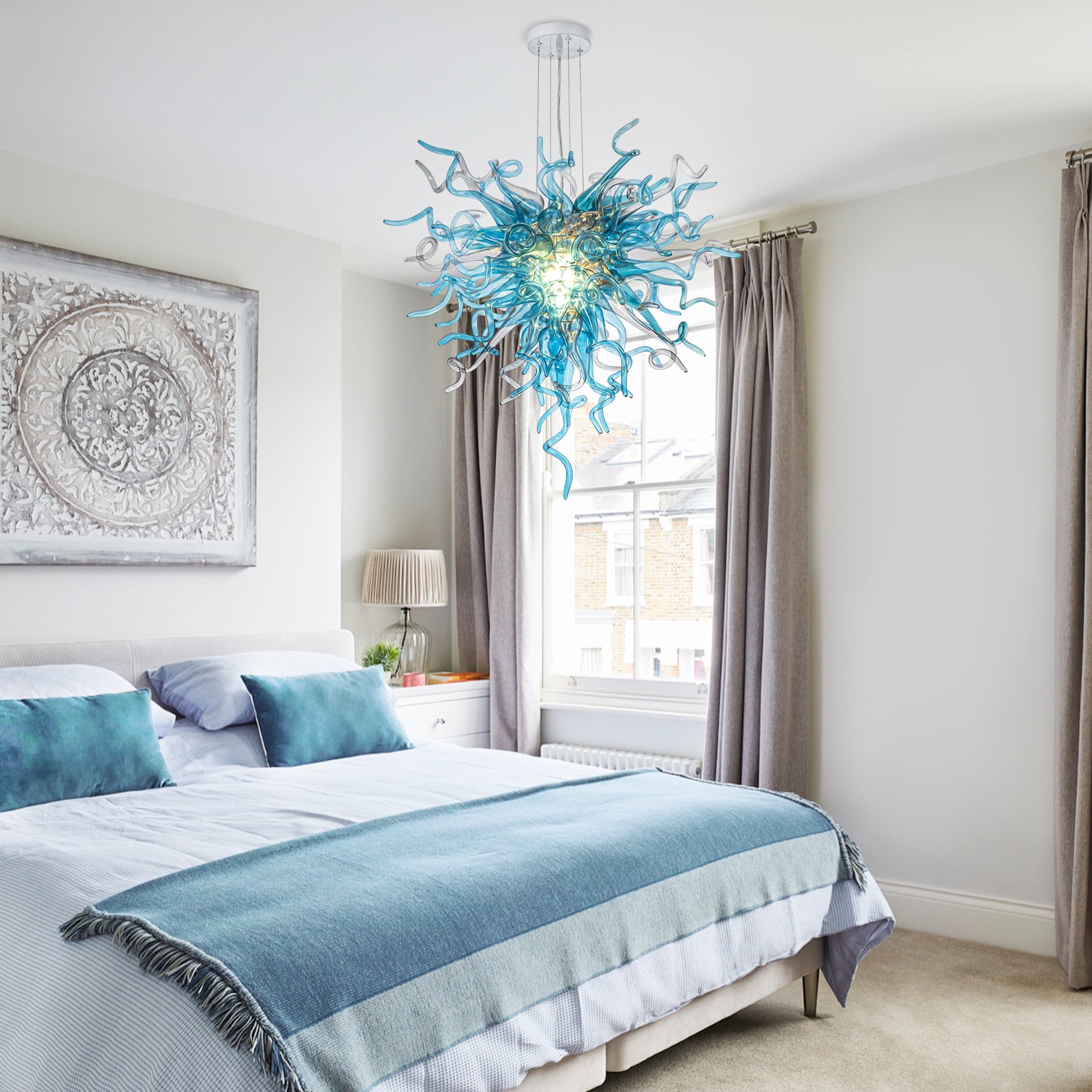 Longree Luxury Hand Blown Glass Chandelier, Blue 6-Light Ceiling Light Fixture