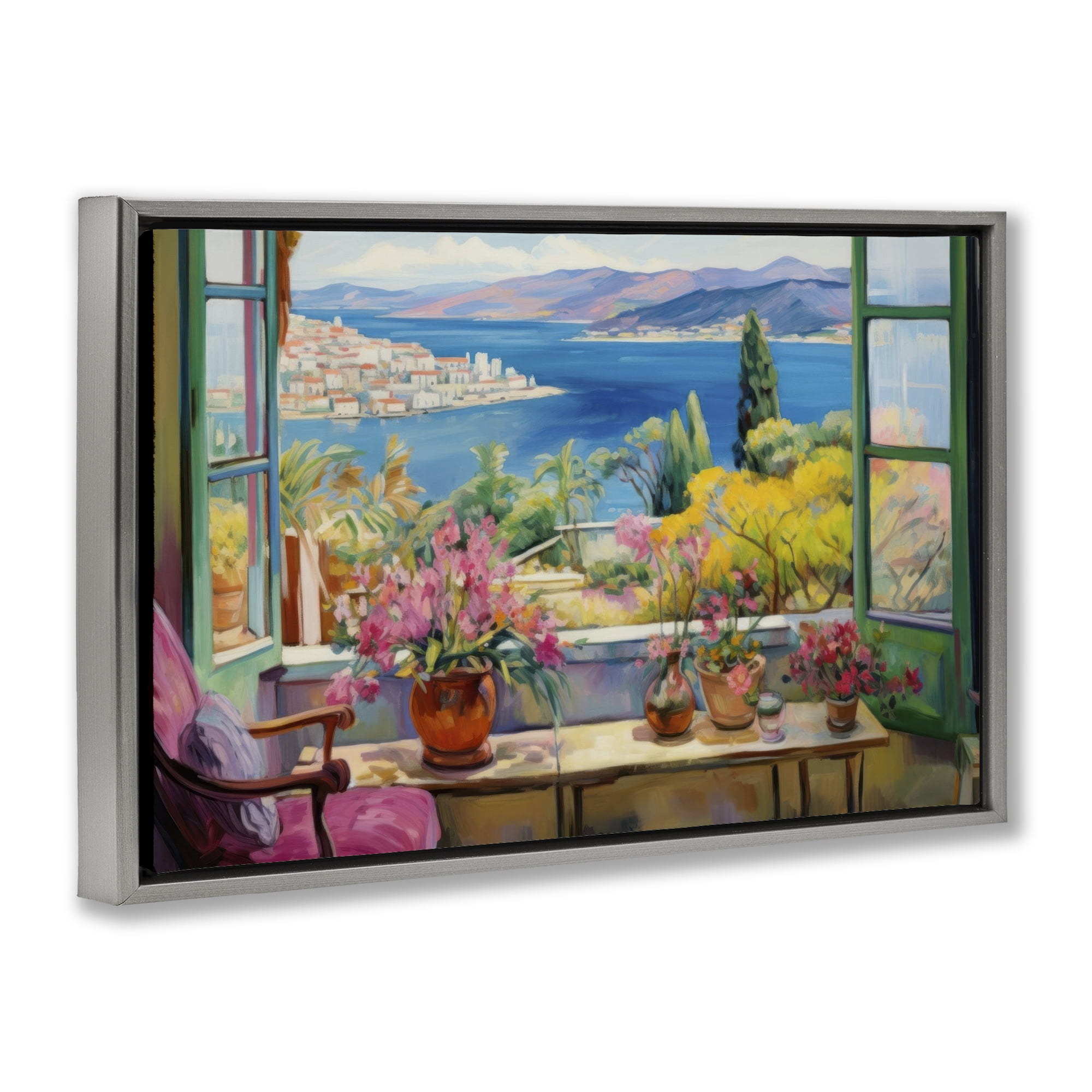 Stupell Industries Seaside Window View Landscape & Nature Painting Gray Floater Framed Canvas Art Print Wall Art, 31 x 21
