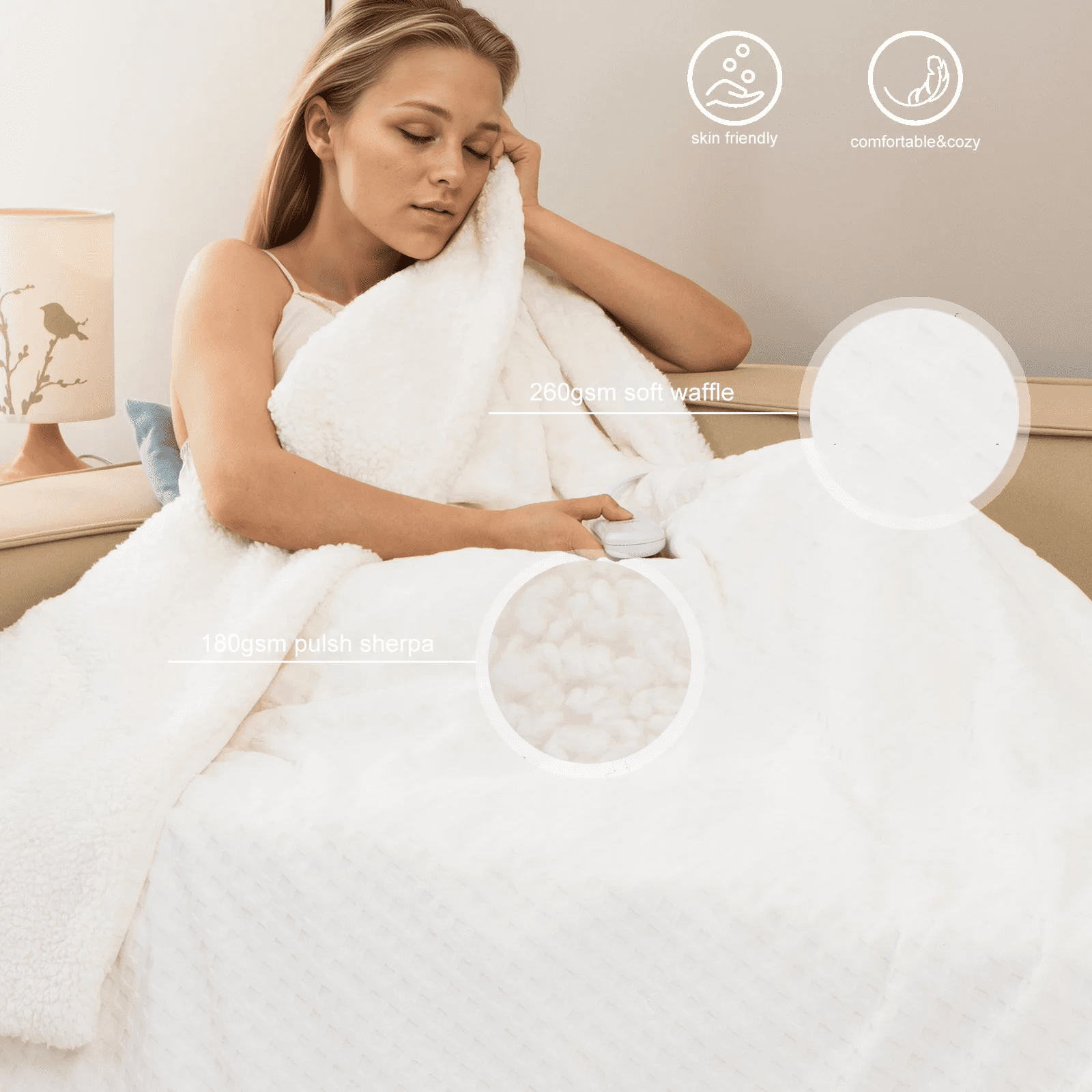 Dowin Electric Blanket King Size - Waffle Heated Blanket with Dual Control, 5 Heating Levels, 10 Hrs Auto Off, Sherpa Fleece Warming Blanket for Bed, Machine Washable, 90x100 Beige
