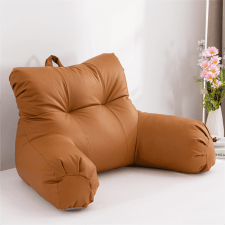 Btargot Chocolate Leather Reading Pillow Adult Kids Backrest Pillow with Arms for Sitting in Bed Standard