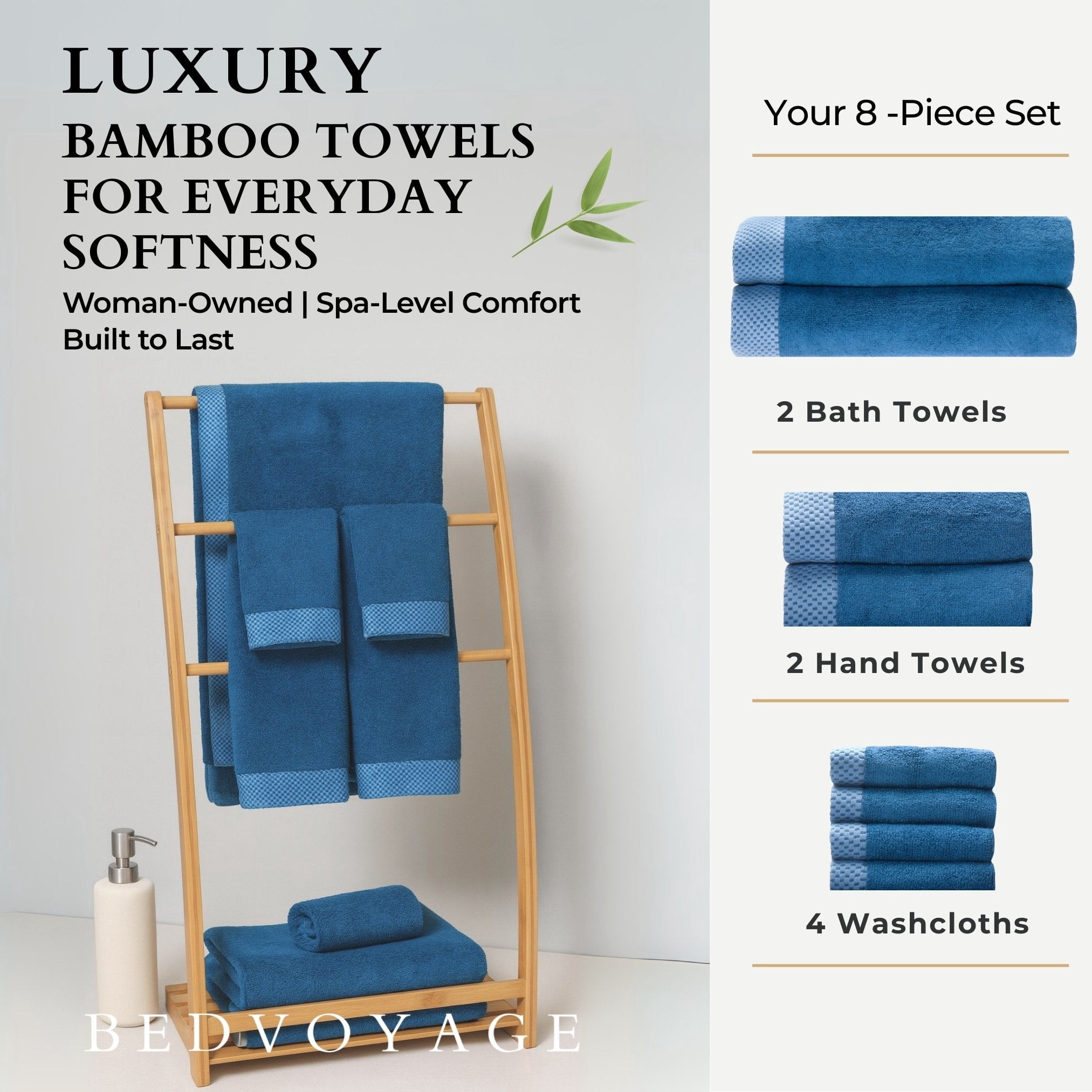 BedVoyage Luxury Towels, 8pc Set, 600 GSM, Ultra Soft Viscose derived from Bamboo Bath Towel, Super Absorbent, Extra Large - 2 Bath Size, 2 Hand Towels, 4 Washcloths - Indigo