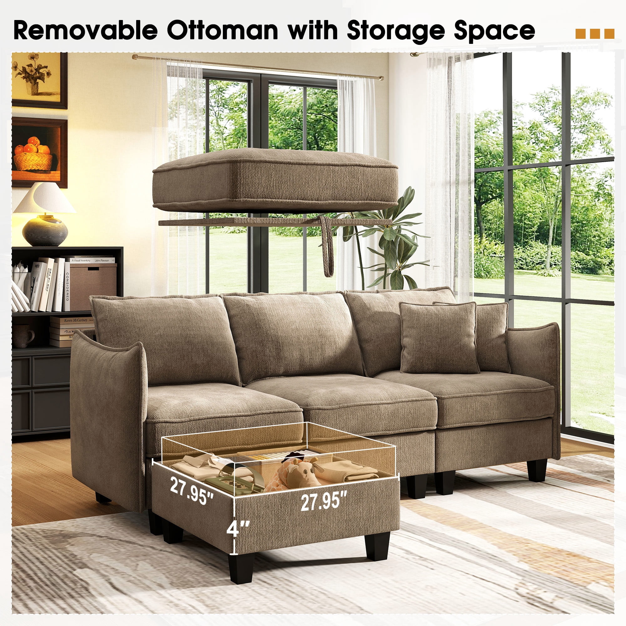 BedLuxury 84” Modular Sectional Sofa with Moveable Storage Ottoman, Cloud Couch Seats 4, Modern Living Room Furniture, Chenille Brown