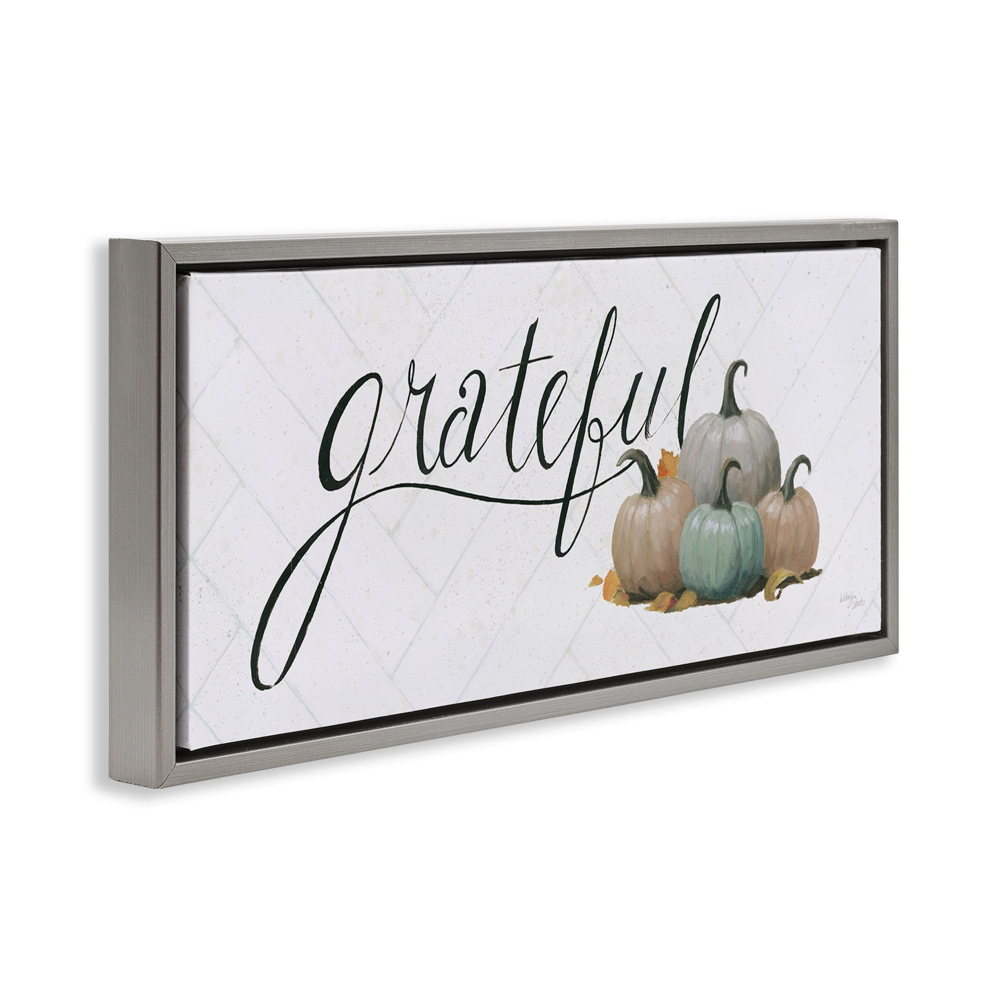 Stupell Industries Grateful with Pumpkins Typography Painting Gray Floater Framed Canvas Art Prints Wall Art, 25 x 11