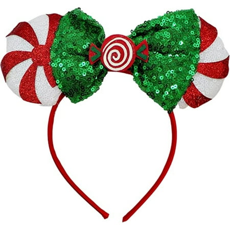Red Peppermint Candy Headband with Green Sequins Bow, Xmas Christmas Mouse Ears Hair