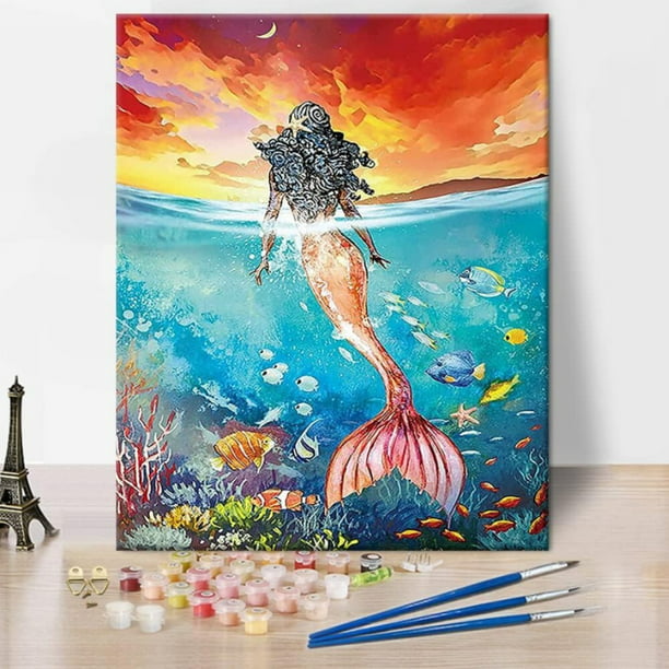TISHIRON Paint by Numbers for Adults,16x20 inch Canvas Wall Art Mermaid ...