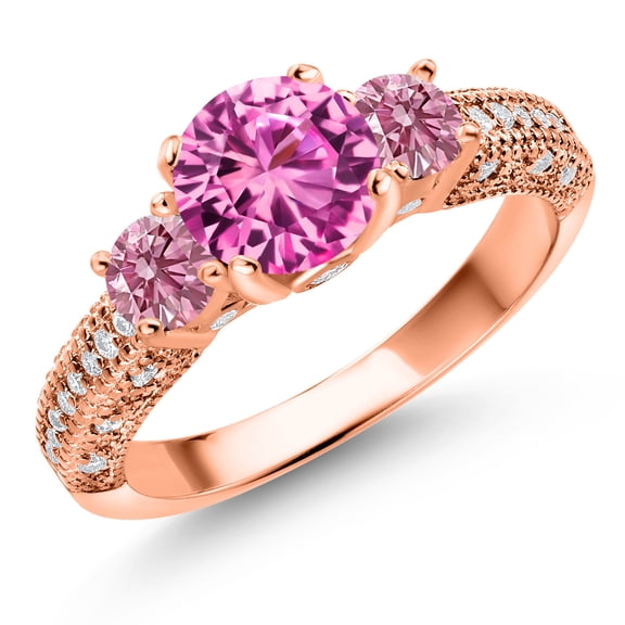 Gem Stone King 18K Rose Gold Plated Silver Pink Created Sapphire Pink Lab Grown Diamond and White Moissanite Engagement Ring for Women (2.24 Ct, Gemstone September Birthstone, Round 7MM, Size 5)