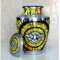 thumbnail image 4 of eSplanade Cremation Urn Memorial Container Jar Pot | Decorative Urns l Big Size Standard Urns | Metal Urns | Burial Urns | Metal - Yellow-White Pigeon Design - 10" Inches, 4 of 5