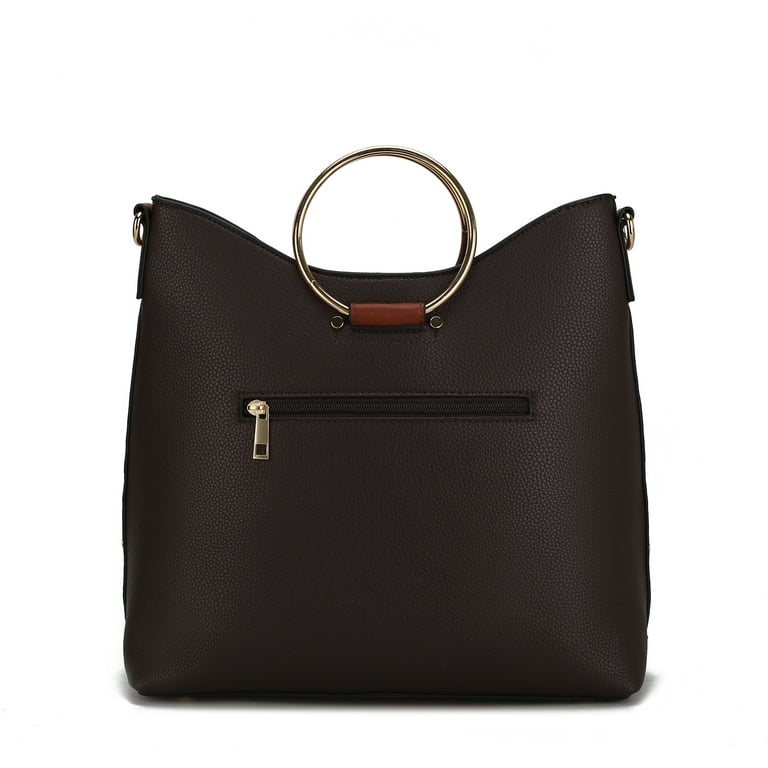 Black handbag with brown handles top
