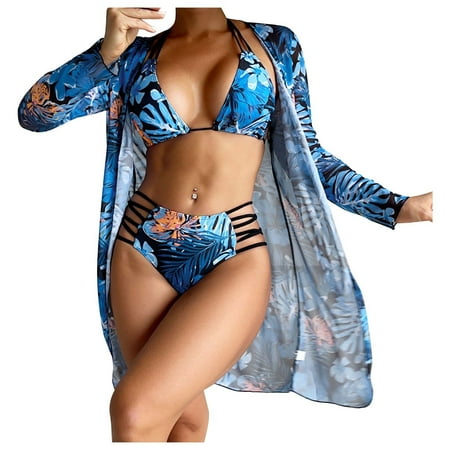 Virmaxy Womens Cover-Up Two Piece Swimsuit(With Bra Pads No Steel Bra) Halter Push Up High Cut Hollow Out Swimsuits Straps Bikini Deep V Alluring Split Swimsuit Set Three Piece Swimsuit Set Blue XL