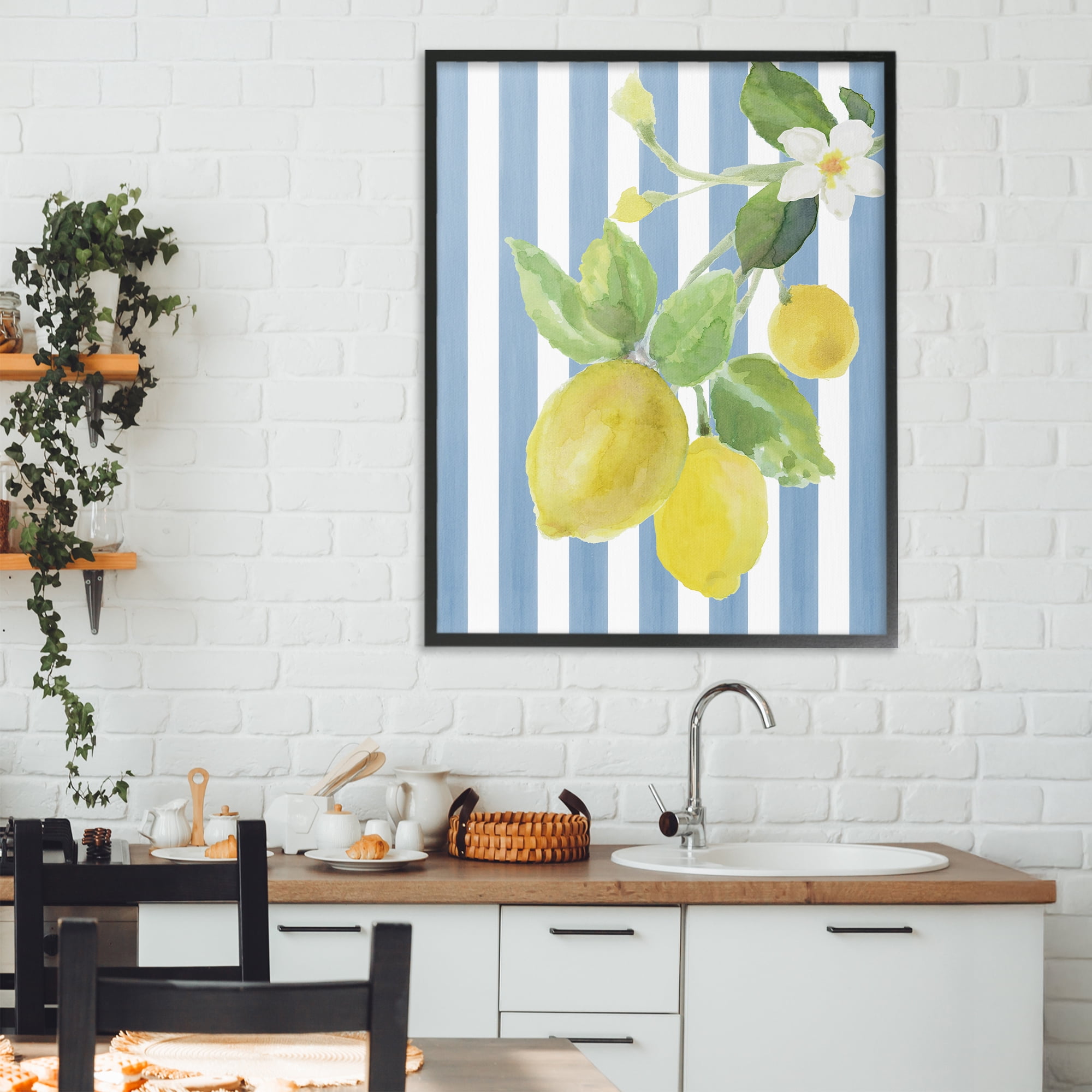 Stupell Industries Lemon Blossom on Blue Stripes Black Framed Giclee Art, design by Lanie Loreth