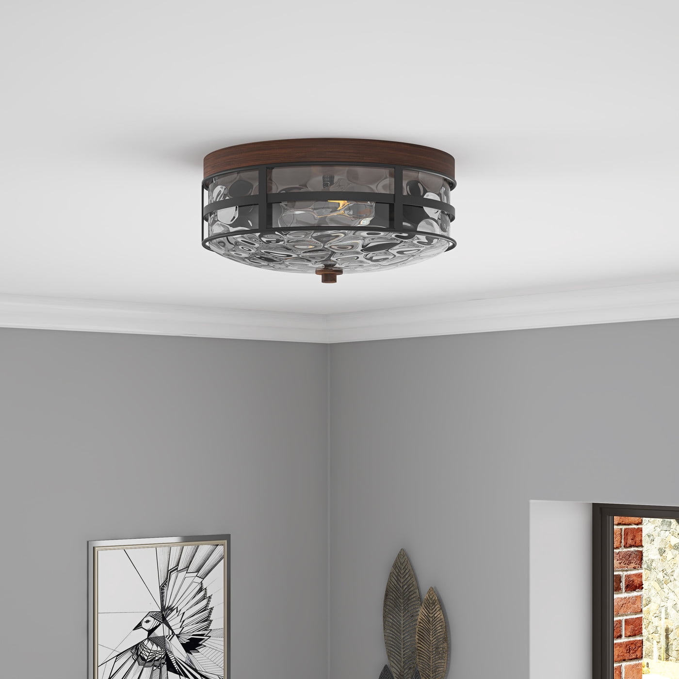 Aiwen Unique Glass Shade Caged Flush Mount Ceiling Lamp Industrial Light Fixture
