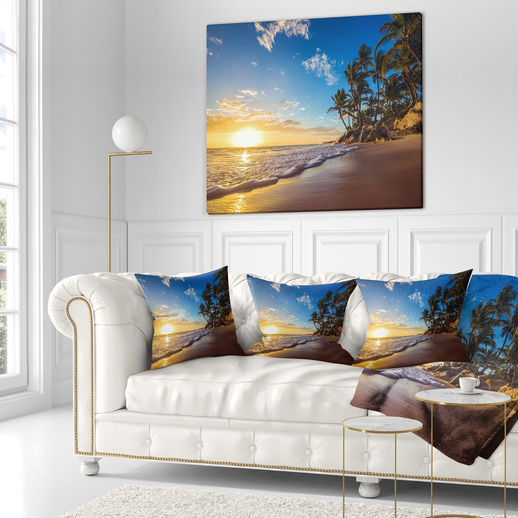 Designart Paradise Tropical Island Beach Sunrise - Seashore Throw Pillow - 16x16