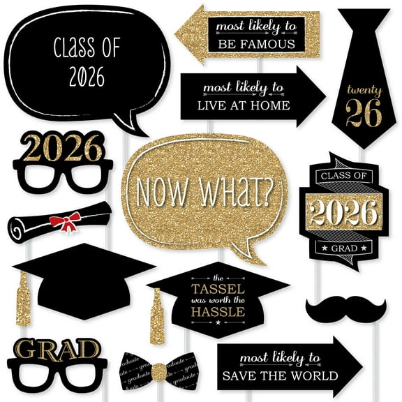 Big Dot of Happiness Gold Graduation Party - 2026 Grad Photo Booth Props Kit - 20 Count