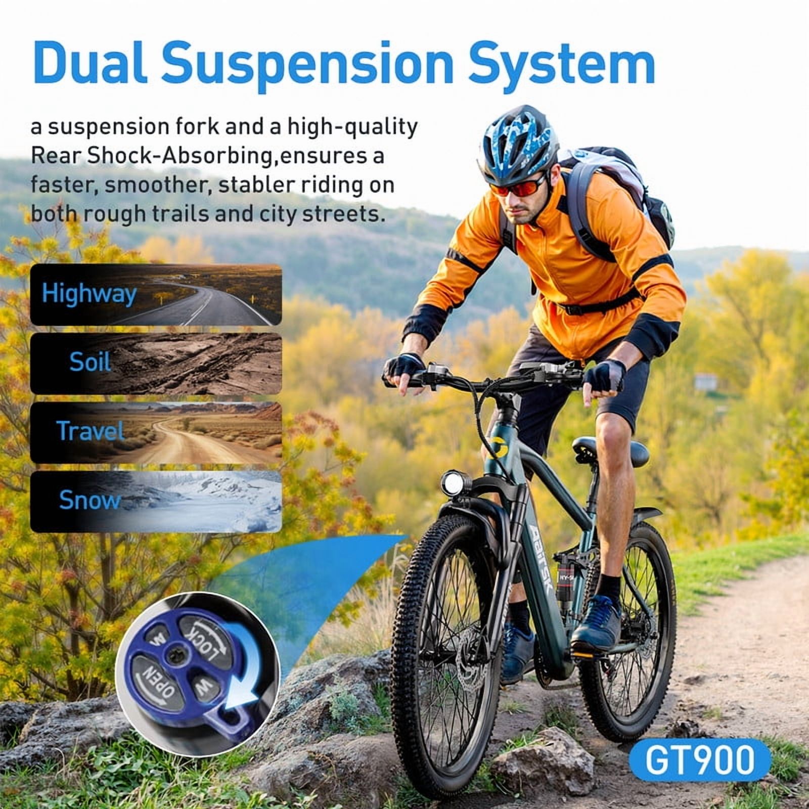 Aairsk GT900 26" Electric Mountain Bike,750W Peak,25MPH,36V 13Ah Removable Battery,Dual Shock Absorption,7-Speed Adult Ebike