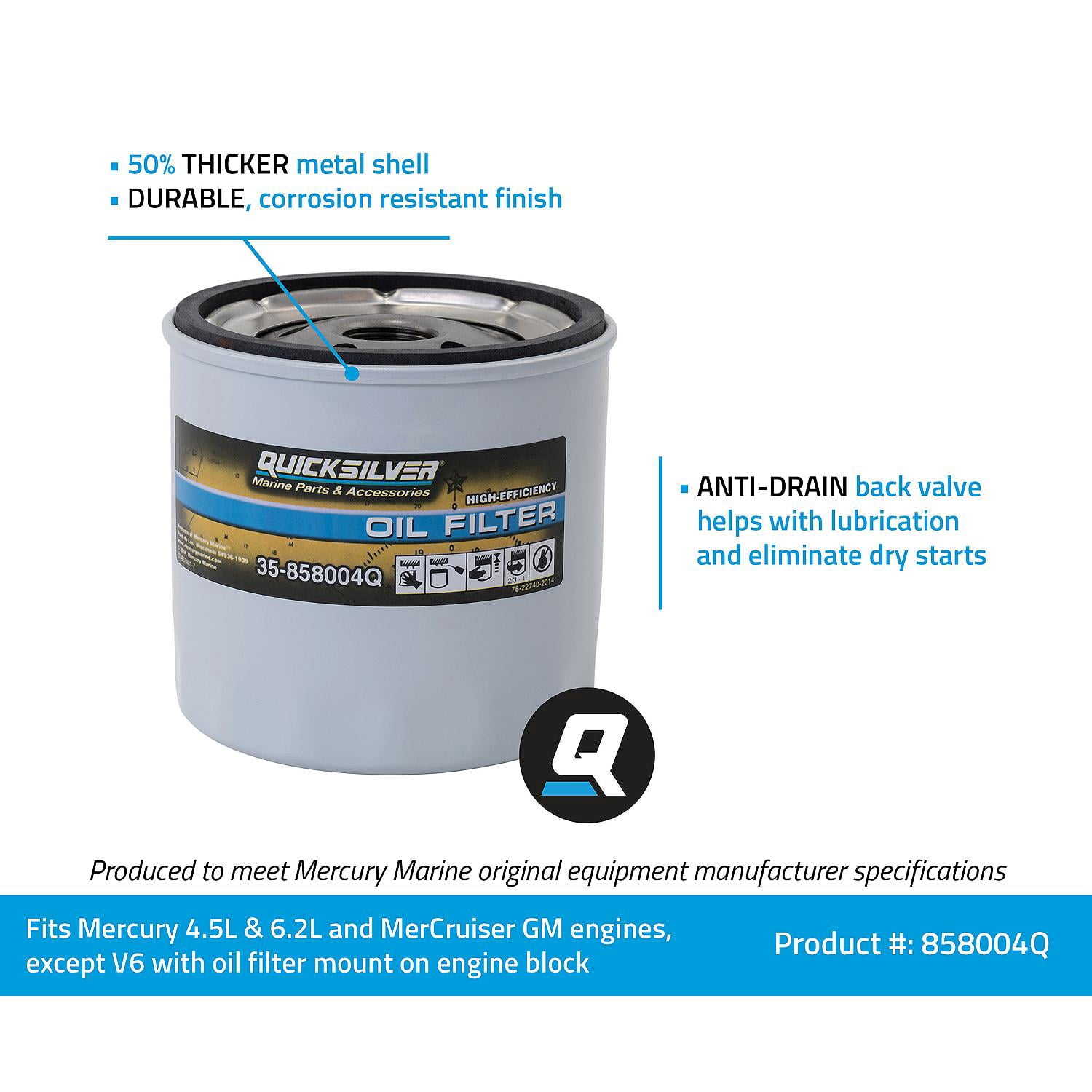 Quicksilver 858004Q High Performance Oil Filter for MerCruiser Sterndrive and Inboards Engines