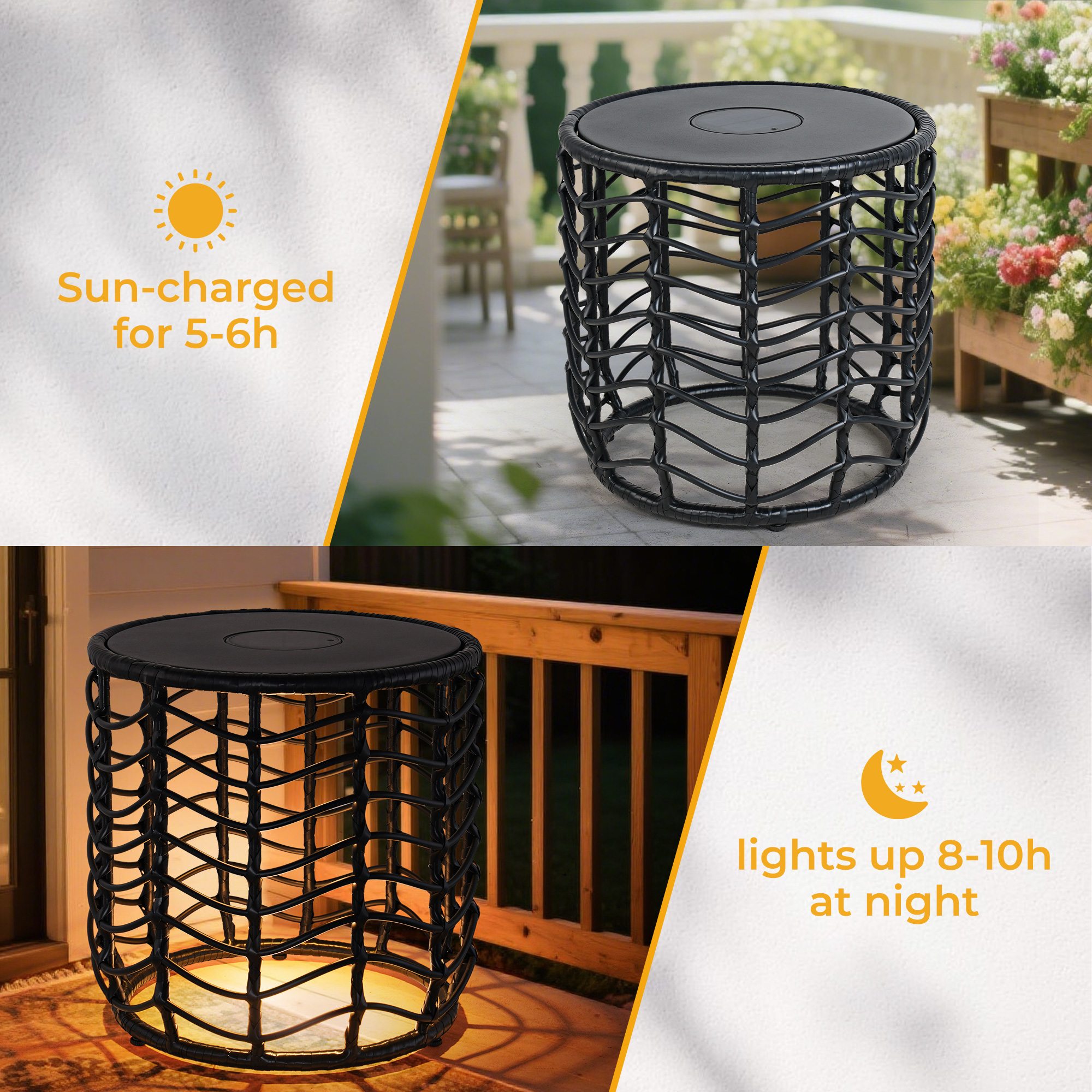 EVERITE Outdoor Side Table Modern Boho Style with Built-in Solar Lights Wave Wicker End Tables Set of 2,Black