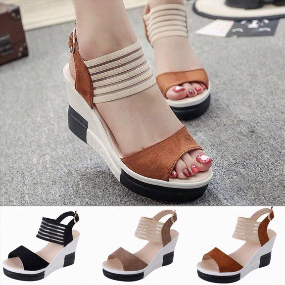 Women's Sandals Comfortable Wedge Platform Shoes Mesh Ankle Strap Heels Summer Open Toe Walking Slip on Sandals Black Size 5.5