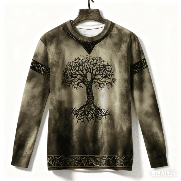 Men's Long Sleeve Celtic Tree of Life Printed Crew Neck Sweatshirt Retro Celtic Cultural Fashion Long Sleeve Top for Men with Artistic Cultural Design(Grey,L)