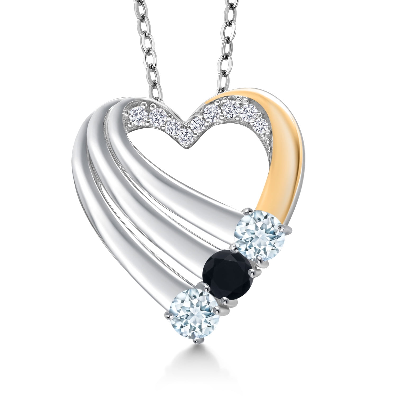 Gem Stone King 925 Silver and 10K Yellow Gold Sky Blue Aquamarine and Black Onyx and White Lab Grown Diamond Heart Pendant for Women | 0.82 Cttw | Gemstone March Birthstone | With 18 inch Chain