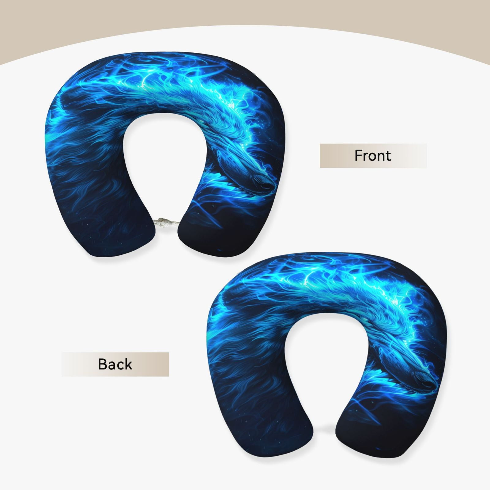 Xecao Blue Fire Wolf Print Memory Foam Cervical Neck Pillow Versatile U-Shaped Pillows for Home,Office,Camping,Travelling,Soft Washable Cover