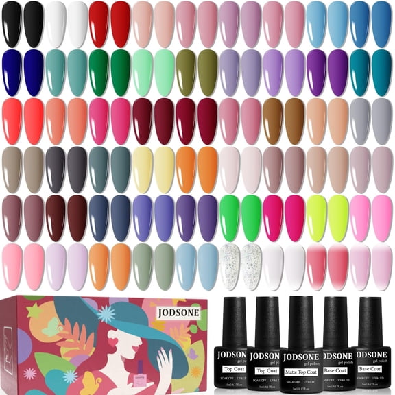 JODSONE 60 PCS Gel Nail Polish Set with 5 Bottles of Base and Glossy Matte Top Coat, 55 Long-Lasting Soak Off Gel Polish
