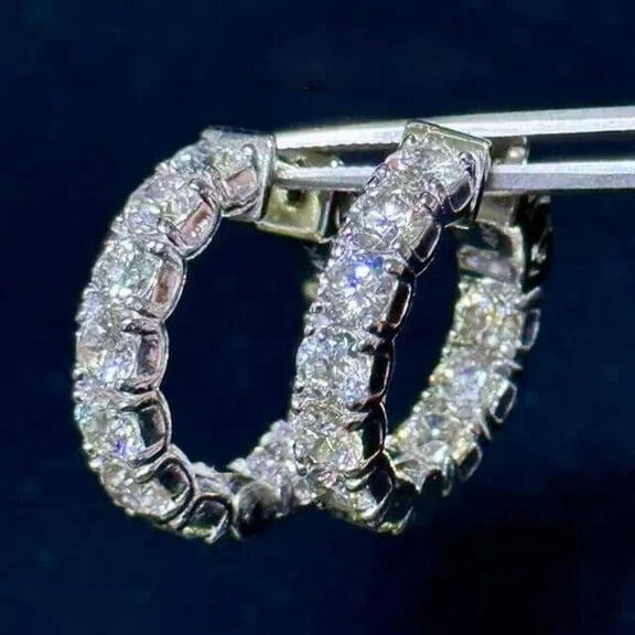 3Ct Round Cut Lab Created Diamond Women Huggie Hoop Earrings 14K White Gold Plated 925 Silver