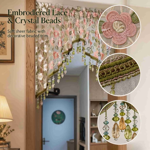 Naittoop Victorian Floral Lace Swag Valance Curtain Semi Sheer Embroidered Window Drape with Beaded Tassels No Punching Triangle Design for Kitchen Bedroom and Cafe 39in Pink Flower