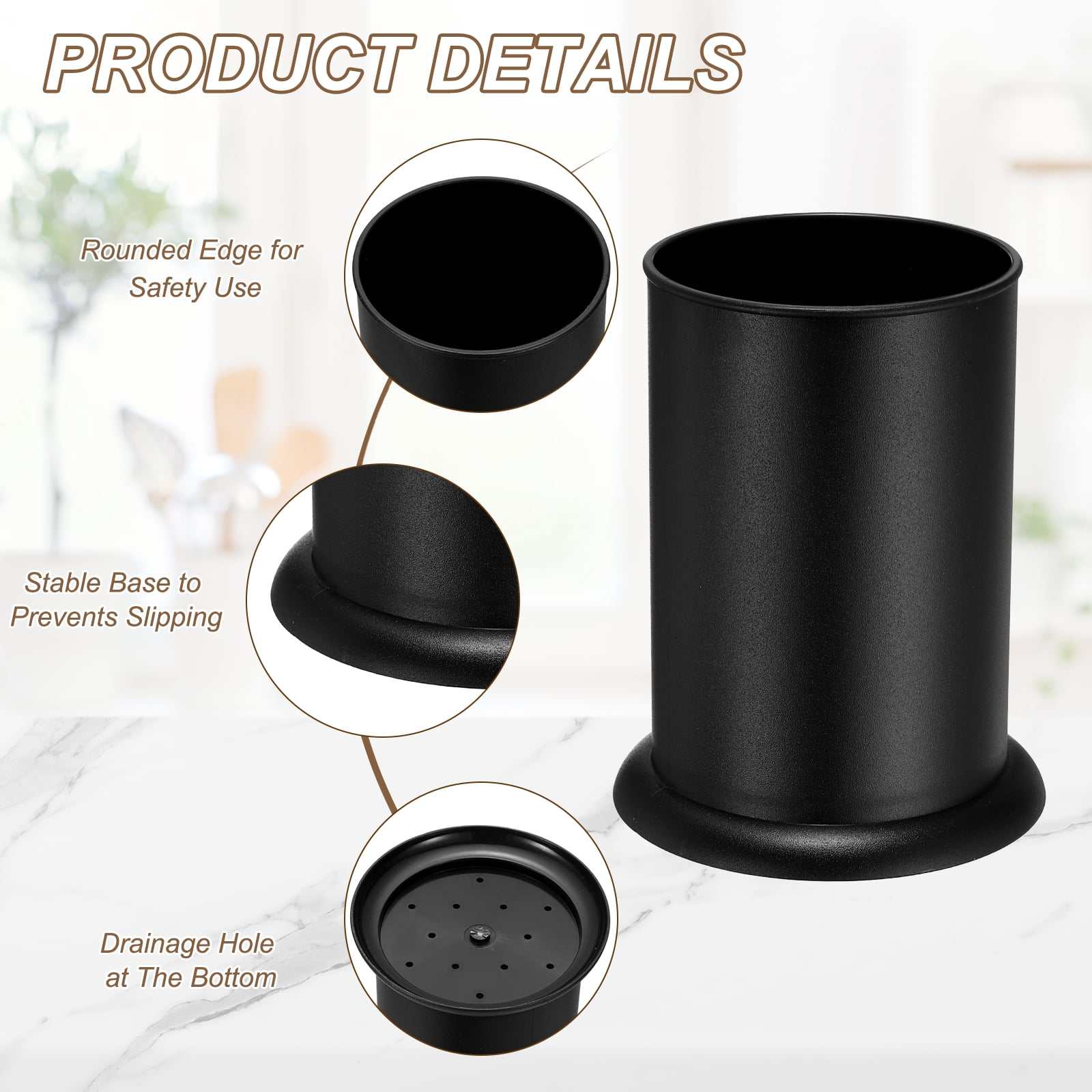 Uxcell Kitchen Utensil Holder, 5x6.5" Plastic Utensil Cutlery Holder Round Flatware Organizer with Drain Hole for Kitchen Restaurant Countertop Straw, Spoon, Chopstick, Black
