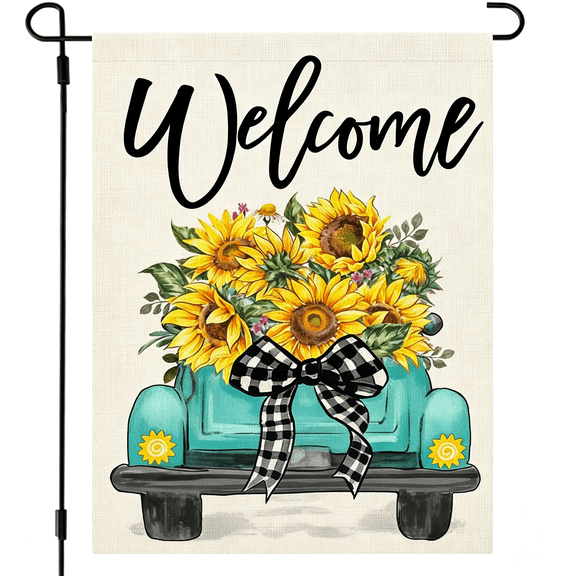 AUQ Summer Sunflower Truck Garden Flag for Outside 12X18 Inch | Weather Resistant, Double-Sided Small Yard Flag. Features a Summer Sunflower Truck and Welcome Message Seasonal Decoration.