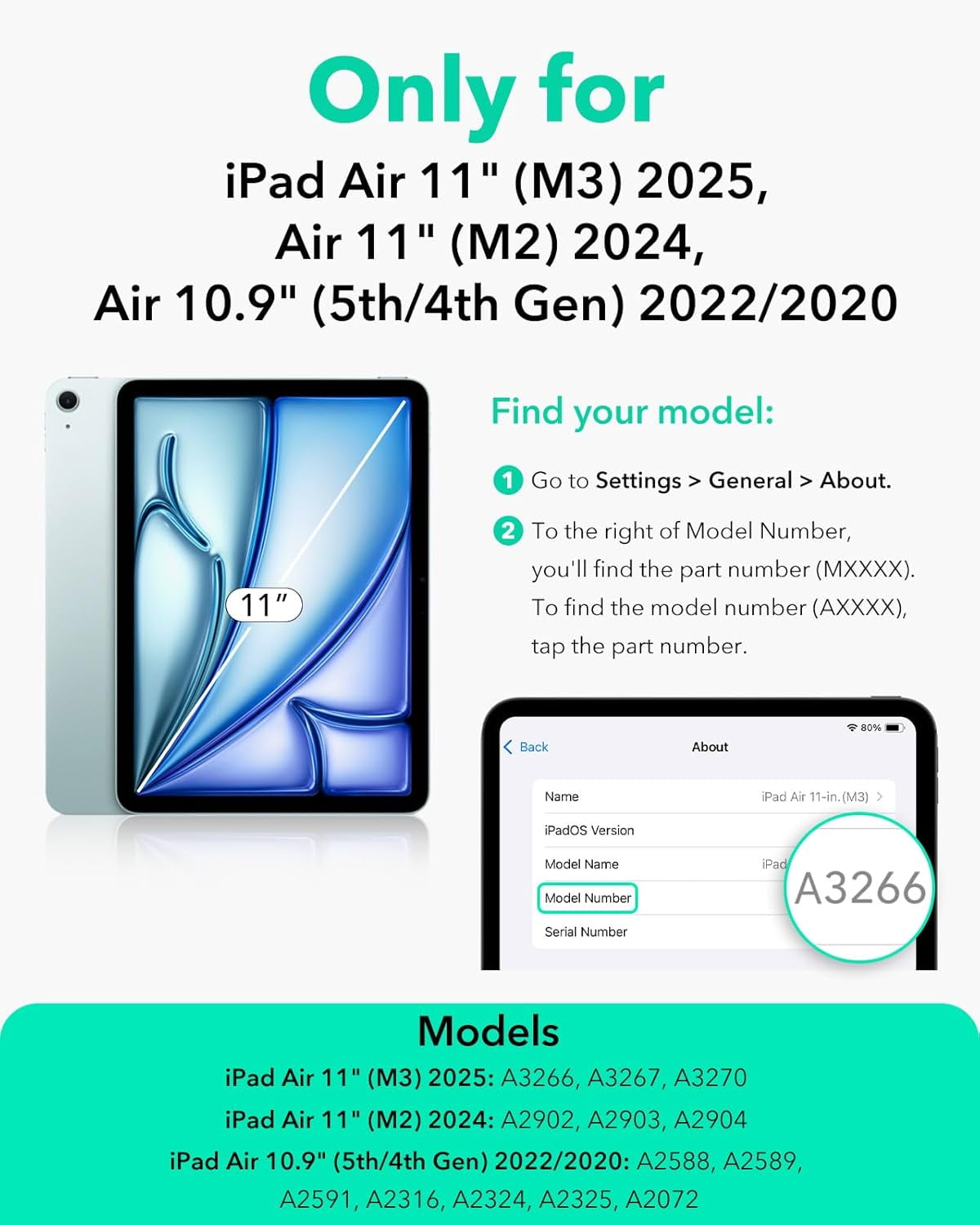 ESR Case Compatible with iPad Air 11 Inch M4/M3/M2 (2026-2024) & 5th/4th Gen 10.9 Inch (2022/2020), Removable Magnetic Cover with Adjustable Stand, 9 Angles & Raised Display View, Black