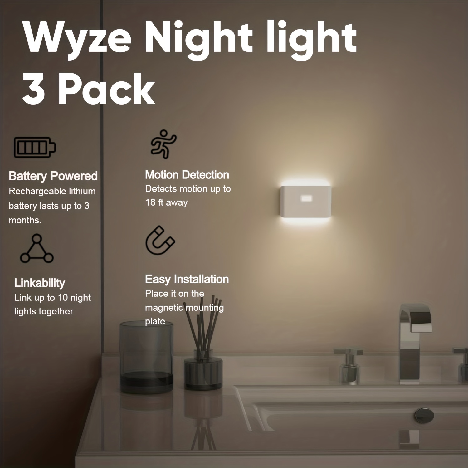WYZE Rechargeable Night Lights With Dusk To Dawn & Motion Sensors, Warm & Soft White Step Lights