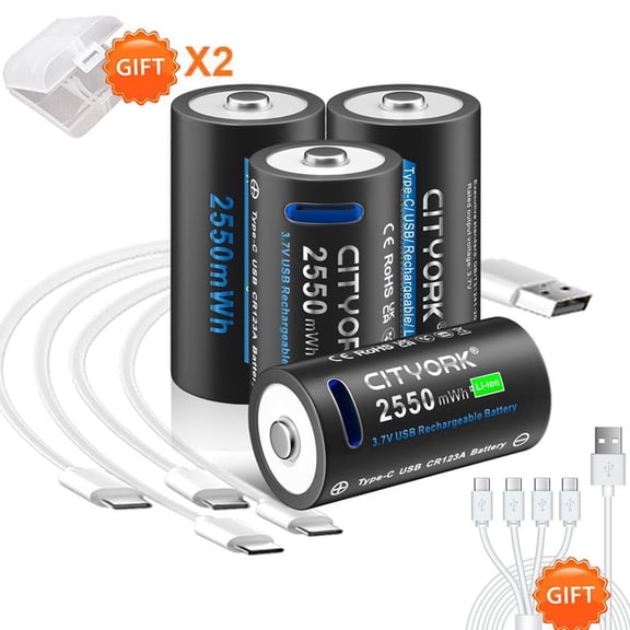 CITYORK 16350 CR123A Battery, 4-Pack 2550mWh 3.7V Lithium-ion TYPE-C Quick Charge USB Rechargeable CR123A Battery for High Intensity Flashlight, Home Safety, Security Devices (Not D Size Battery)