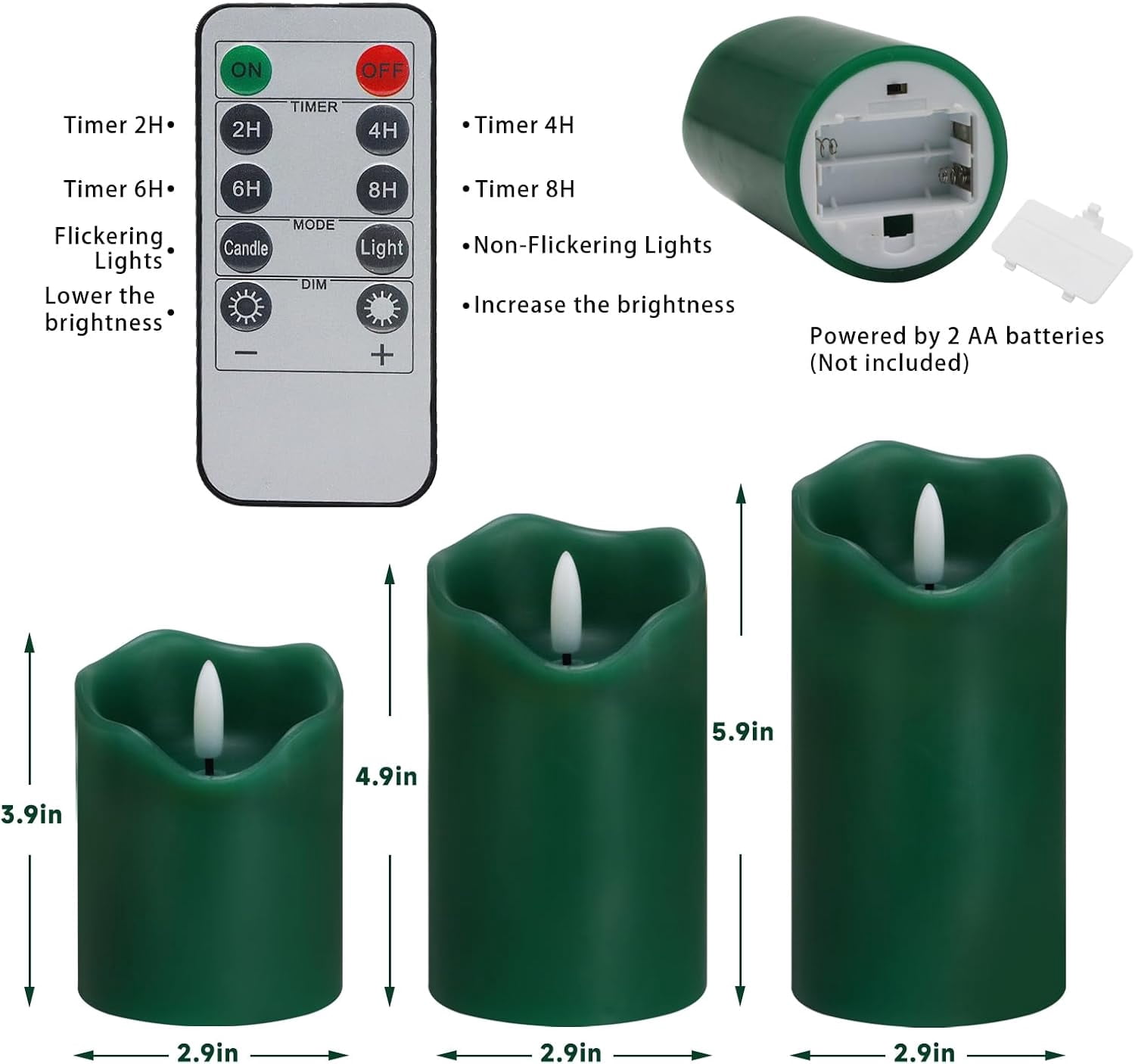 Flameless Candles Lights, Set of 3 Green Flickering LED Candles with Remote & Timer, Dimmable LED Pillar Candles Battery Operated, Electric Candles for Home Thanksgiving Christmas Decor
