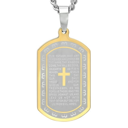 Men's Two-Tone Stainless Steel Lord's Prayer Dog Tag with 24" Curb Chain - Mens Pendant
