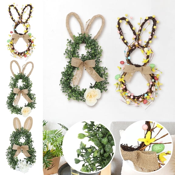 YujiCraft Easter Wreath Artificial Bunny Wreath with Bow Eggs and Flowers, Front Door Wall Window Decoration,A