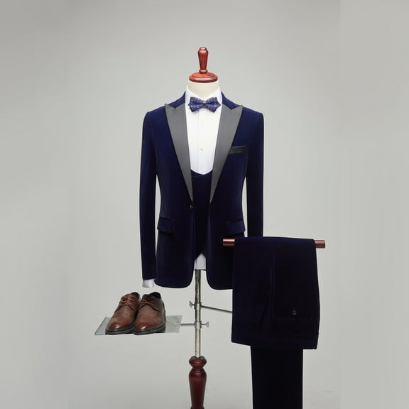 Mens 3 Piece Dark blue Suits Slim Fit Peaked Lapel One Button Tuxedo Dinner Jacket Vest Pants Suit Set