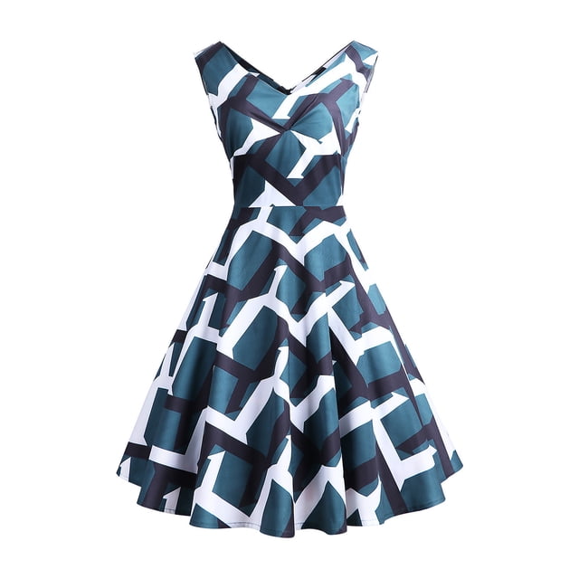 EGNMCR Robes de Soirée pour Femmes, Robes Formelles pour Femmes, Robes de Cocktail pour Femmes Sans Manches à Col en V Mi-Mollet Robe Confortable d'Été pour Femmes Sans Manches à Col en V Vintage Régulière à Imprimé Robe de Fête Robe pour Femme