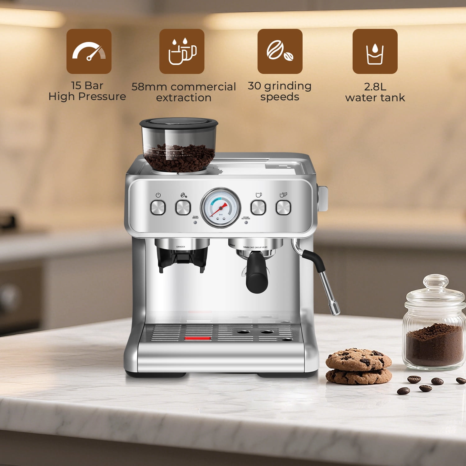 WAA 15 Bar Semi-Automatic Espresso Coffee Machine, 1&2-Cup, Silver