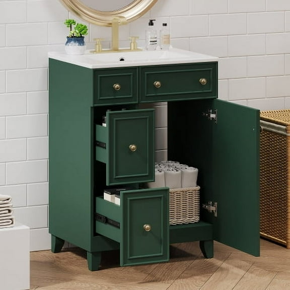 24 Inch Bathroom Vanity with Ceramic Sink, 2 Drawers 1 Door Small Vanity Cabinet with Solid Wood Feet for Compact Bathroom Storage, Frosty Green